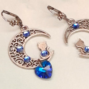 One of a kind Victorian style vintage style sapphire blue Swarovski crystal dangle earrings with crescent moon and cat silhouette