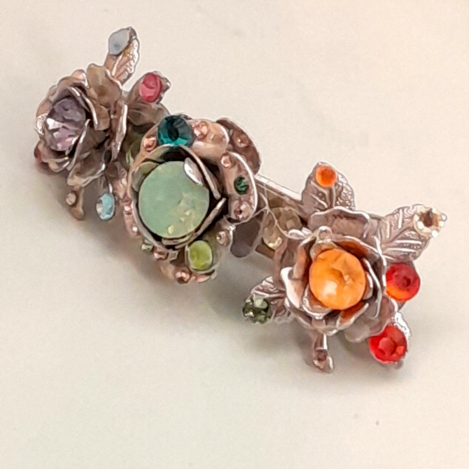Handmade magical fantasy multicolor rainbow Swarovski crystal rose flower hair clip barrette, Victorian style vintage style boho hair accessory
