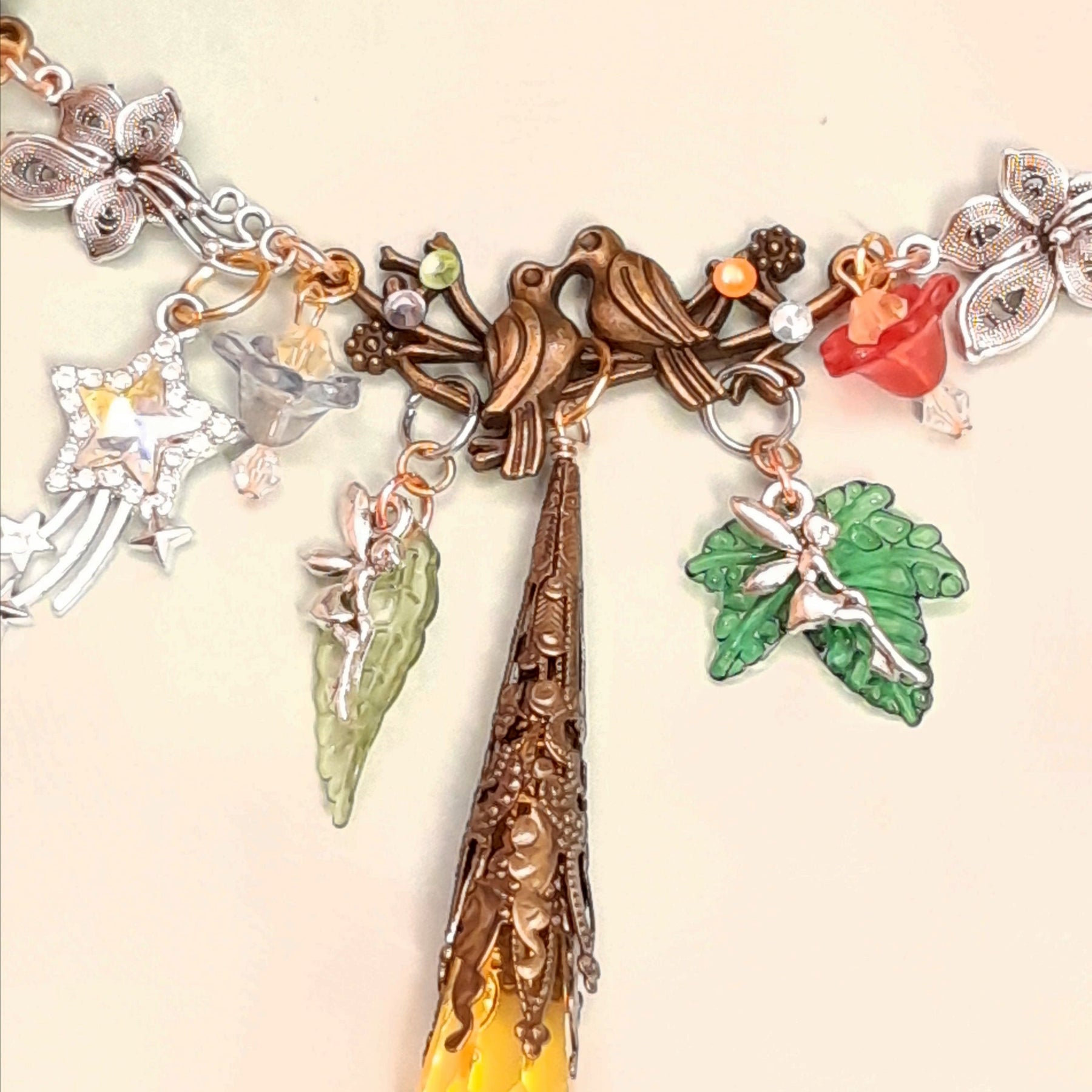 Handmade fantasy rainbow Swarovski crystal bird necklace, boho Victorian style vintage style one-of-a-kind nature jewelry