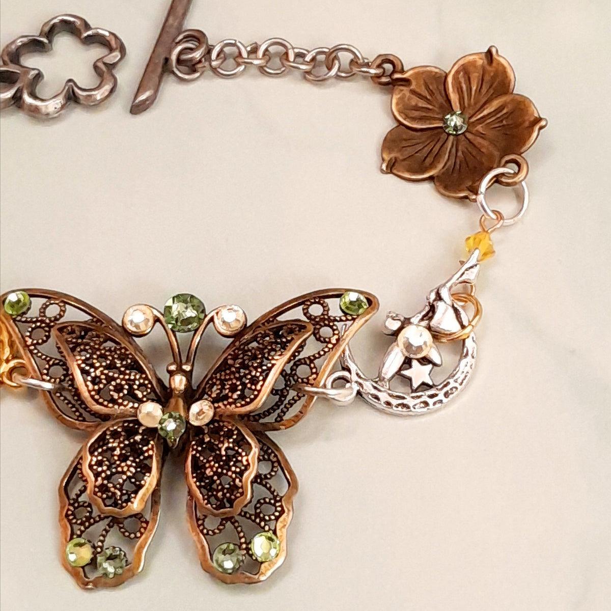 Green Swarovski crystal butterfly bracelet, Victorian style vintage style handmade fantasy jewelry