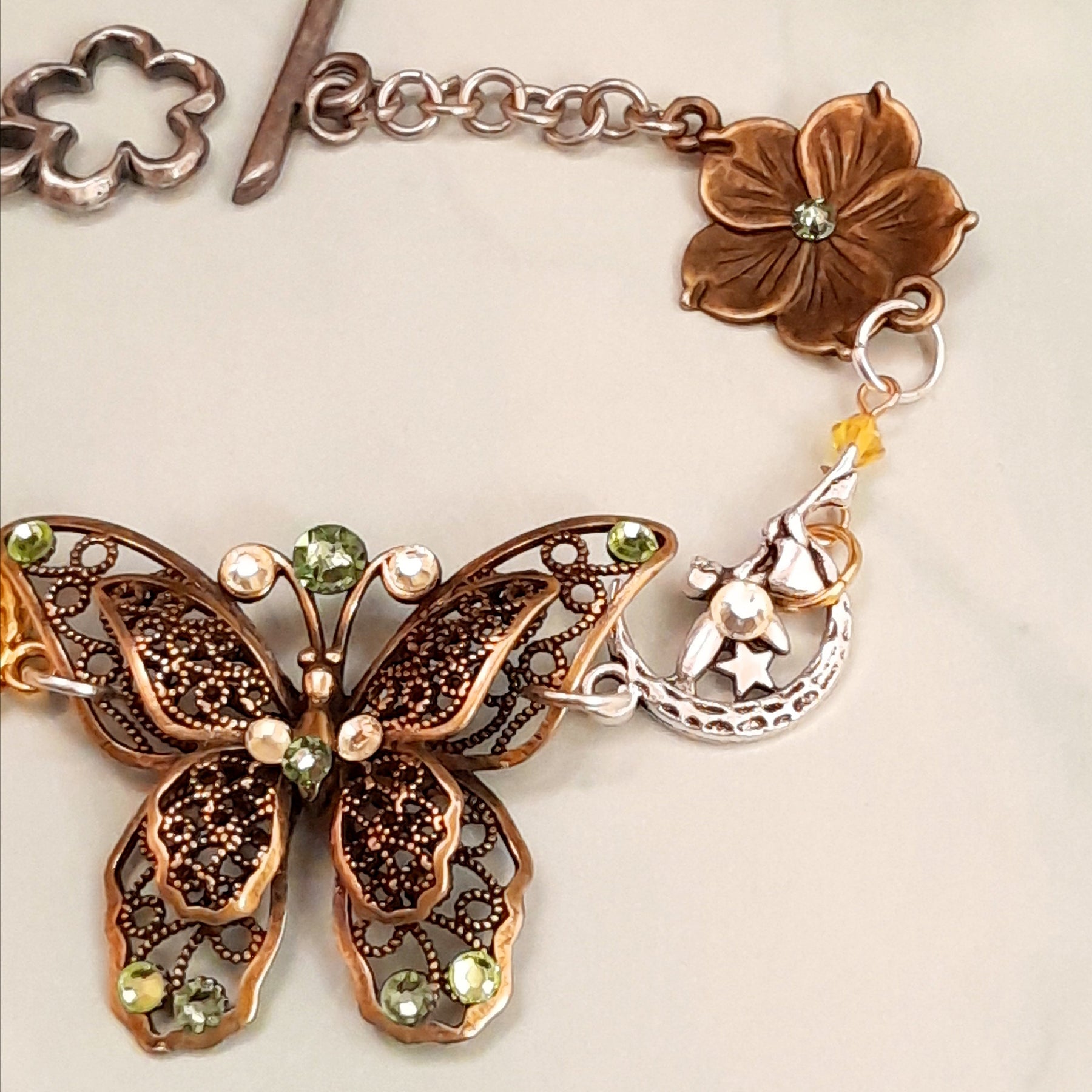 Green Swarovski crystal butterfly bracelet, Victorian style vintage style handmade fantasy jewelry