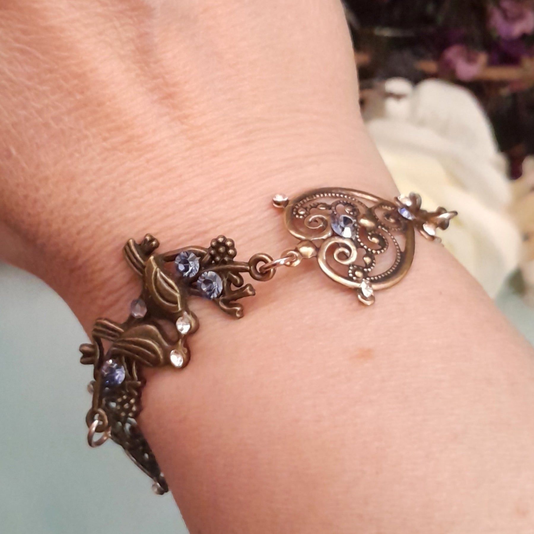 One of a kind Victorian style vintage style birds bracelet with violet Austrian crystals and flower toggle clasp