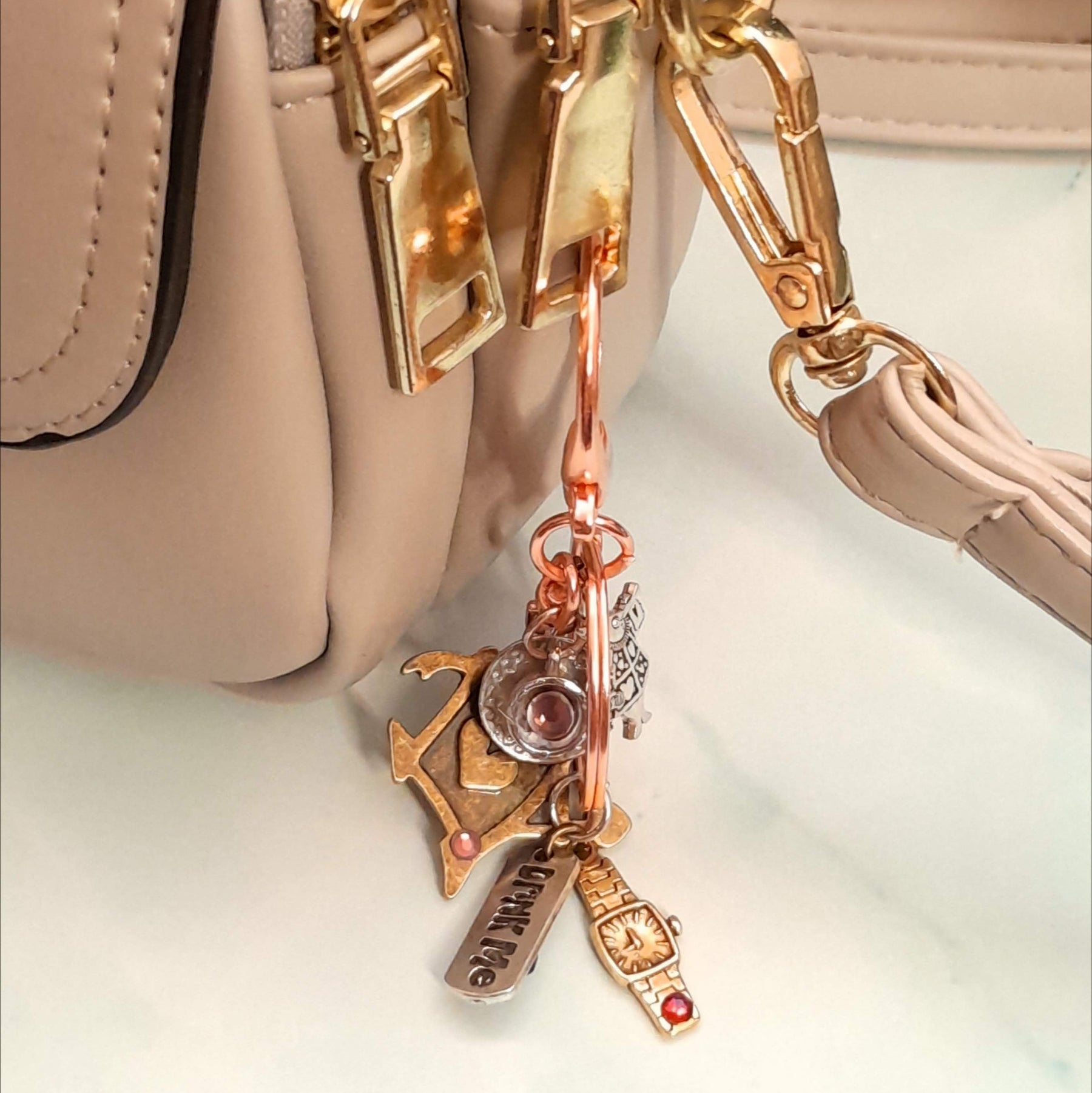 Drink Me tag Queen of Hearts Teacup White Rabbit Swarovski crystal handmade purse charm keychain backpack accessory Rachel Flam Design Victorian style vintage style