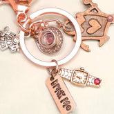 Teacup Queen of Hearts Drink Me tag White Rabbit Swarovski crystal purse charm keychain zipper pull handmade by Rachel Flam Design Victorian style vintage style
