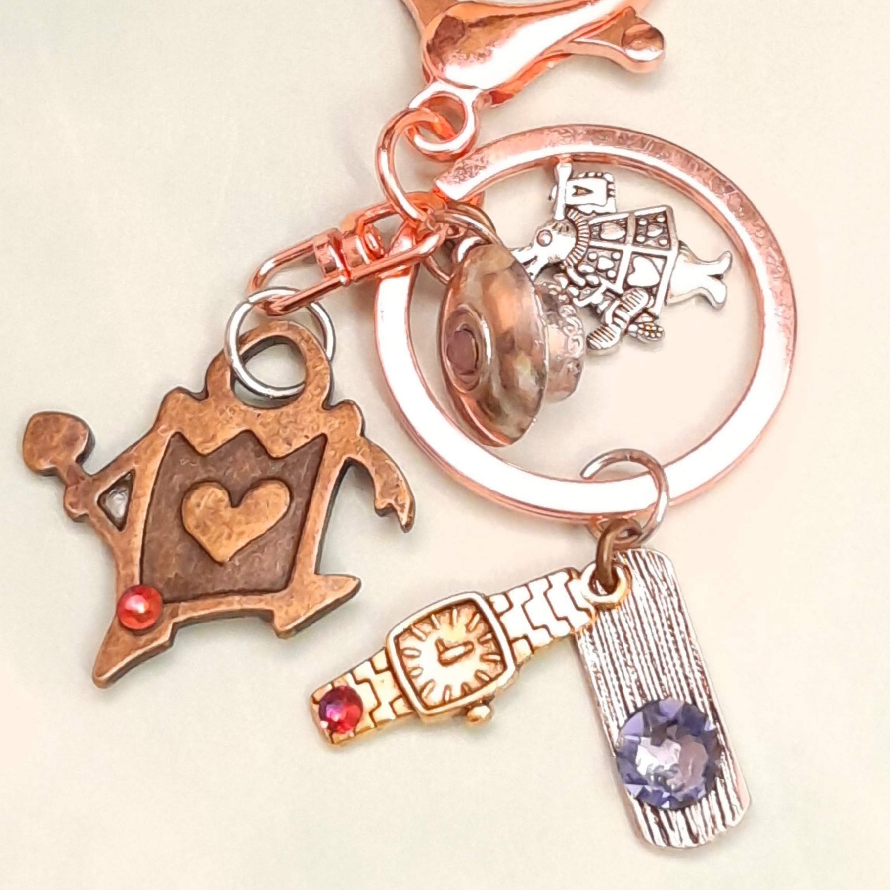 White Rabbit Queen of Hearts Teacup Drink Me tag Swarovski crystal handmade fantasy keychain zipper pull purse charm Rachel Flam Design Victorian style vintage style