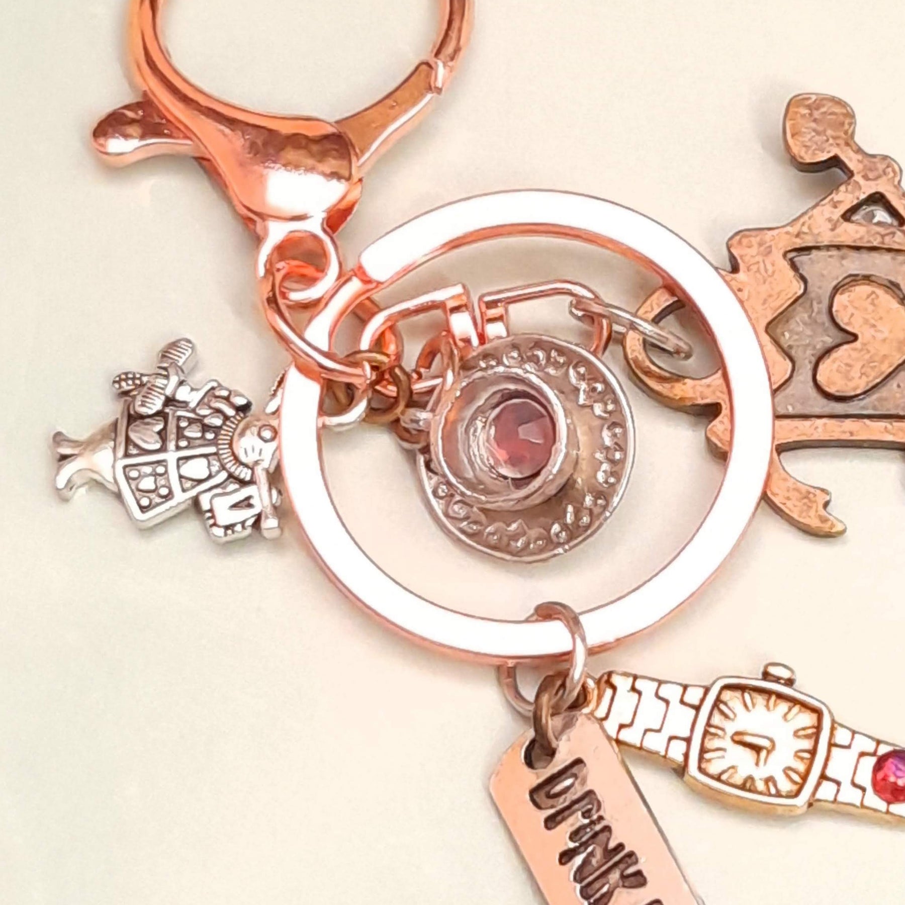 Teacup White Rabbit Queen of Hearts Drink Me tag Swarovski crystal handmade purse charm backpack accessory keychain Rachel Flam Design Victorian style vintage style