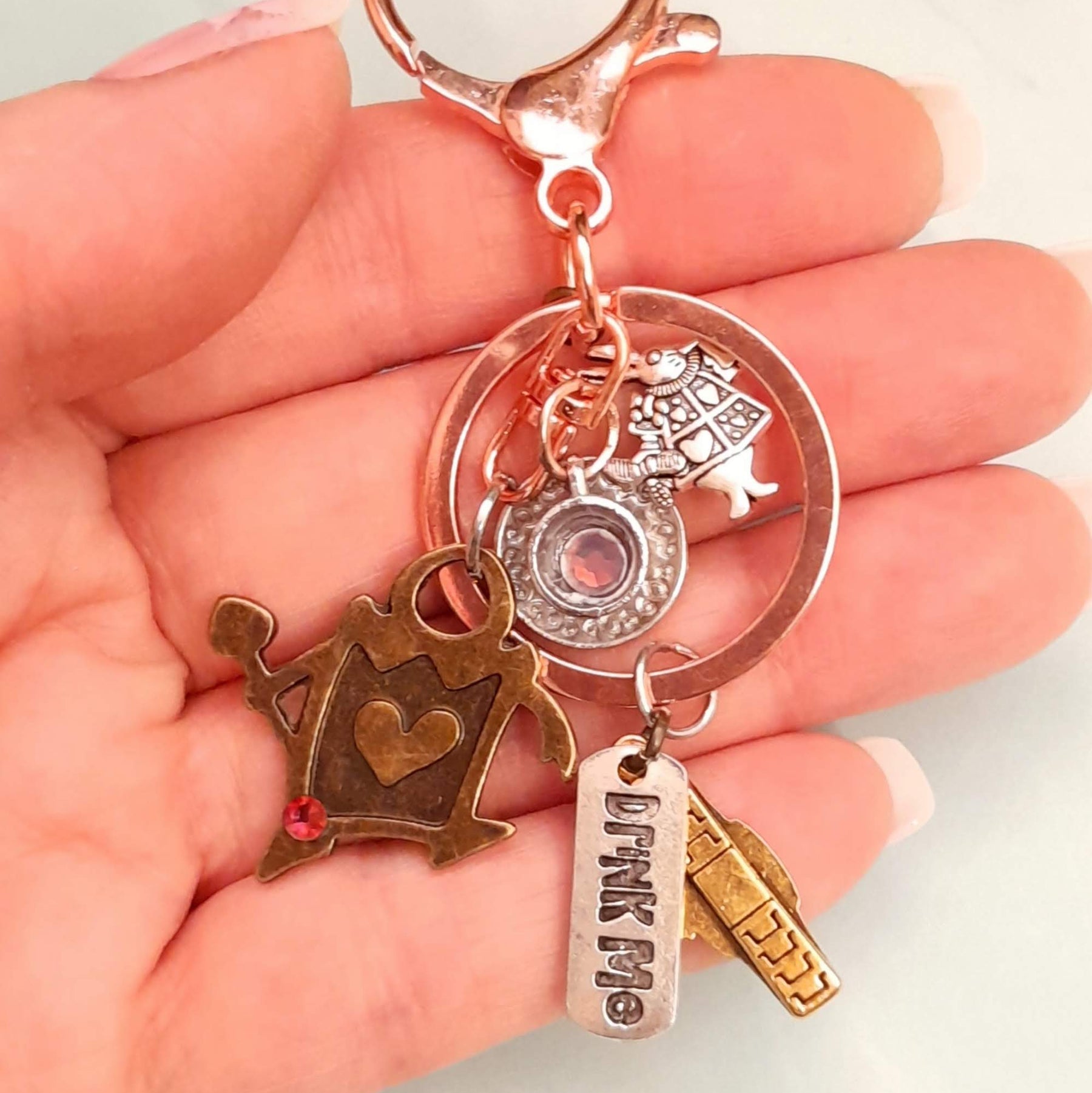 White Rabbit Teacup Queen of Hearts Drink Me tag Swarovski crystal handmade fantasy purse charm zipper pull Rachel Flam Design Victorian style vintage style