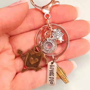 White Rabbit Teacup Queen of Hearts Drink Me tag Swarovski crystal handmade fantasy purse charm zipper pull Rachel Flam Design Victorian style vintage style