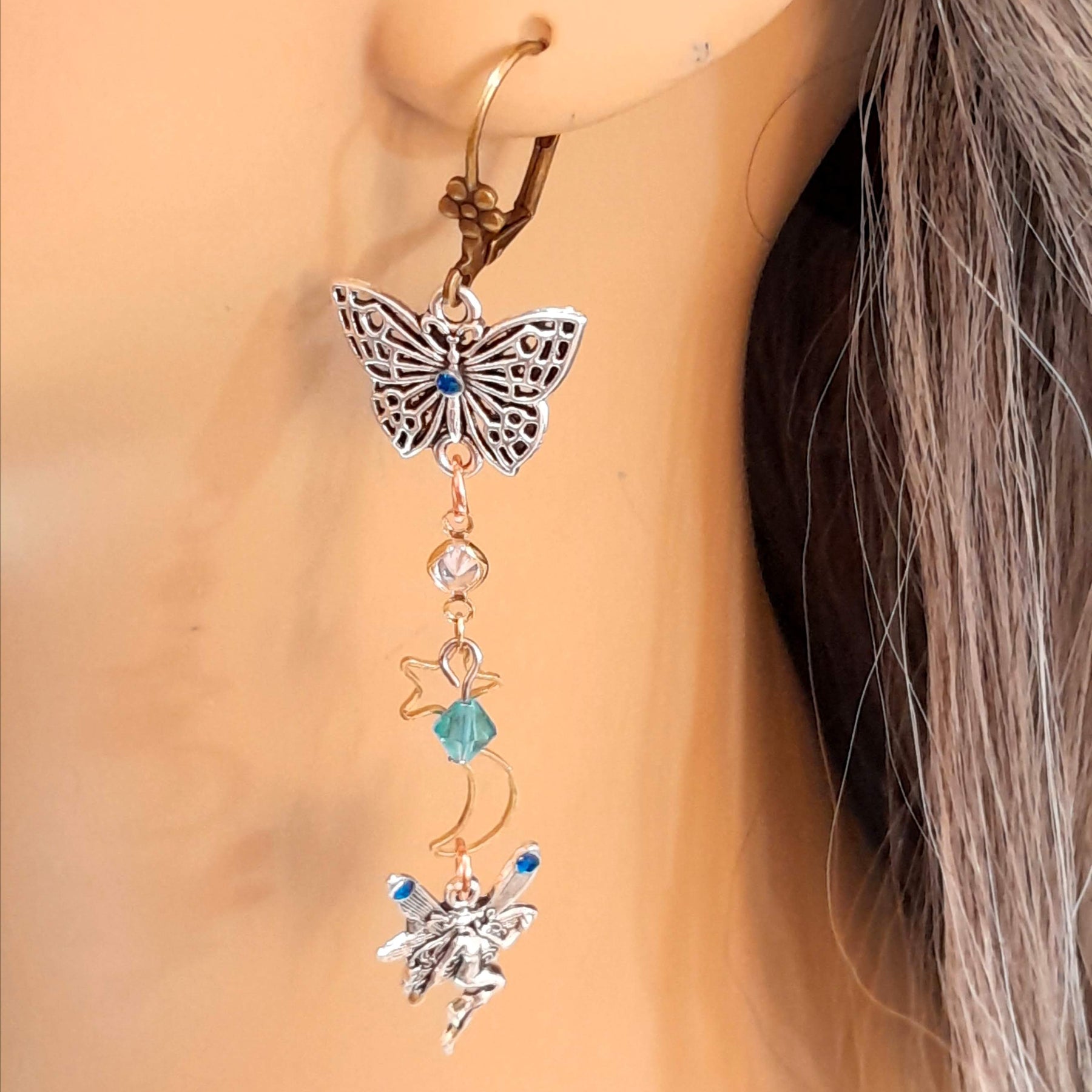 Handmade celestial bridal earrings with turquoise and blue world-renowned genuine Swarovski crystals — Victorian style vintage style