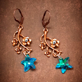 Turquoise floral earrings with color-shifting Swarovski crystal stars, botanical details, Victorian style and vintage style fantasy jewelry by Rachel Flam Design