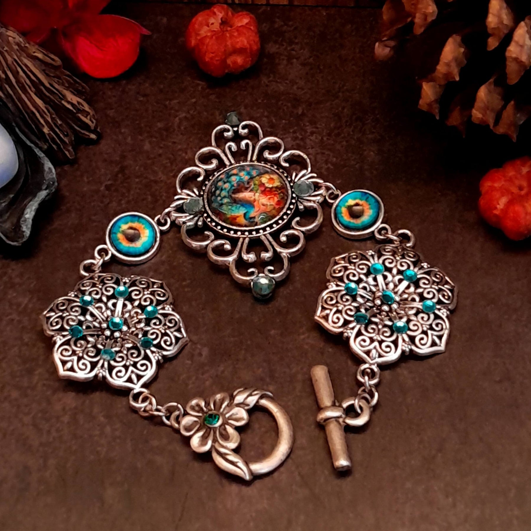 Turquoise Peacock Bracelet Boho Vintage Style colorful peacock eyes swarovski turquoise crystals flower clasp with crystal