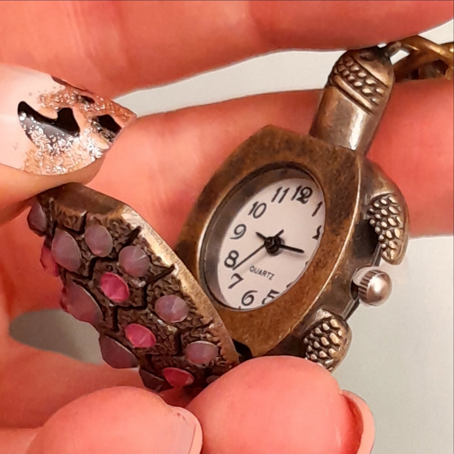 Turtle purse charm opened to reveal working quartz watch face inside, purple Swarovski crystals on shell, Victorian style vintage style handmade Rachel Flam Design
