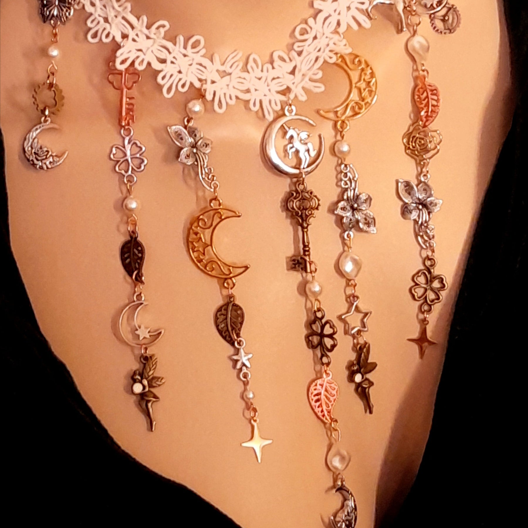 Unique bridal necklace – magical fantasy celestial boho wedding jewelry with white fabric choker and world-renowned genuine Swarovski crystal draping charms, Victorian vintage style