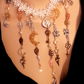 Unique bridal necklace – magical fantasy celestial boho wedding jewelry with white fabric choker and world-renowned genuine Swarovski crystal draping charms, Victorian vintage style