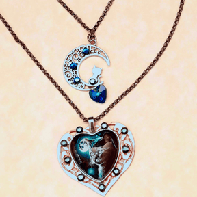 Blue Cat Moon Necklace |Double Layer Hearts