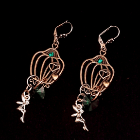Green Crystal Heart Earrings |Birdcage Fairy