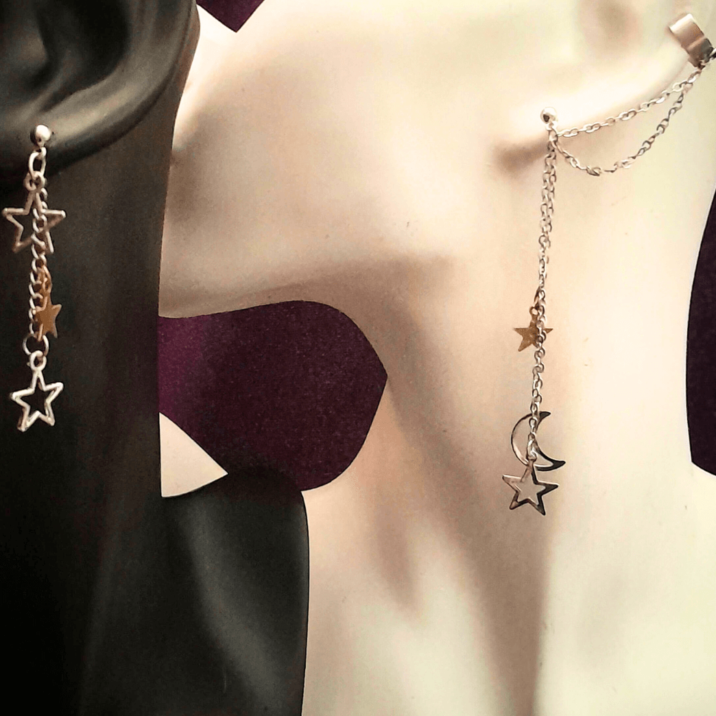 Moon & Stars Chain Cuff Earrings