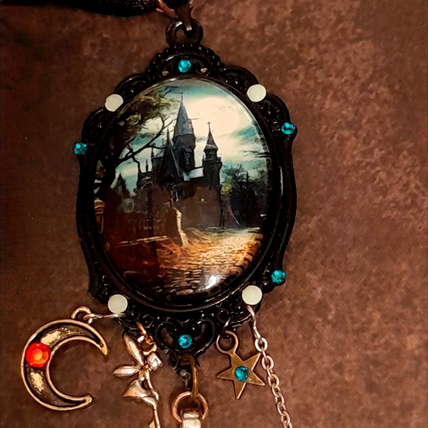 Victorian style Halloween fairy necklace with celestial moon, star, and Swarovski jet black crystals, vintage style