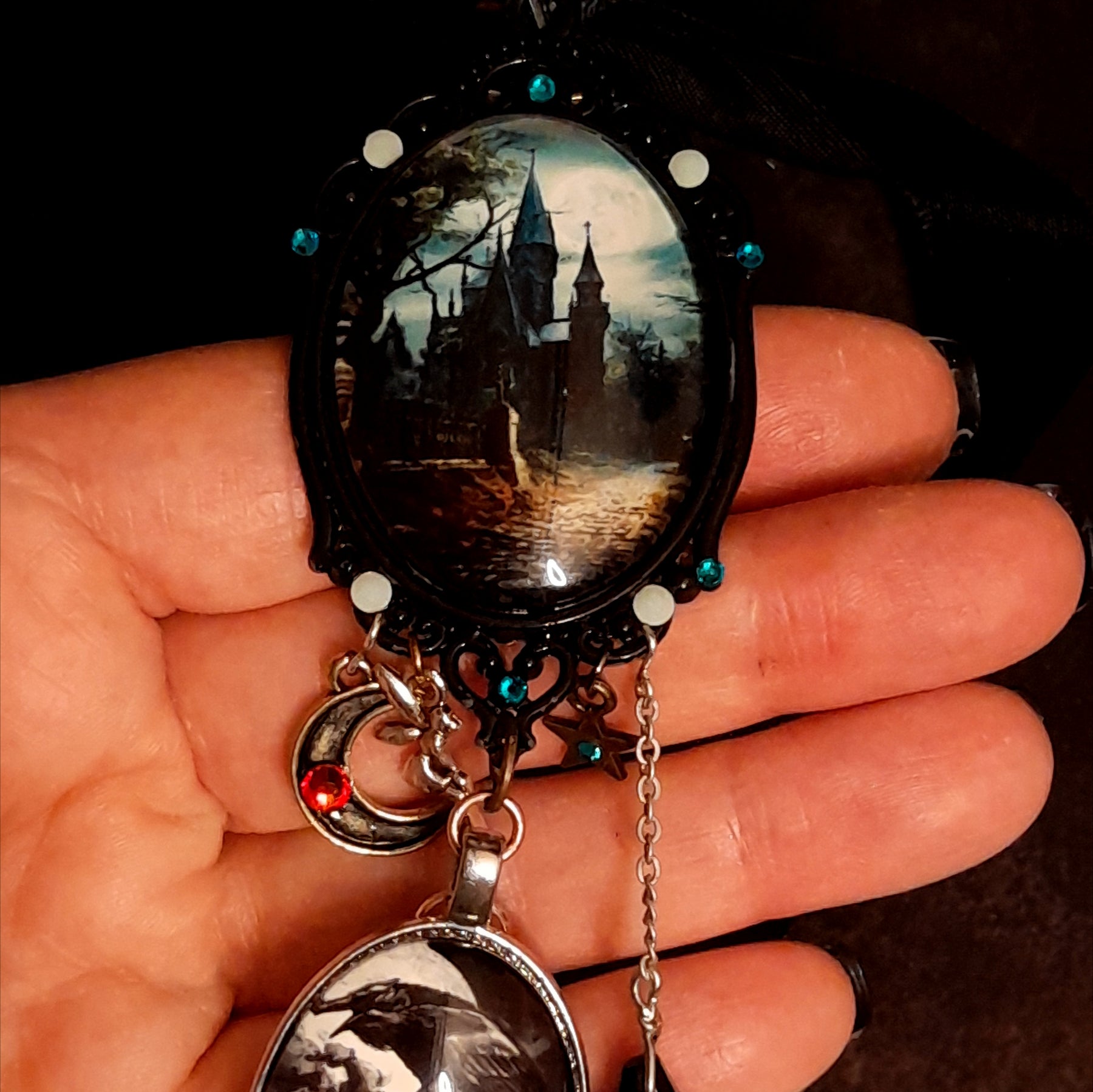 Vintage style Halloween celestial necklace with fairy, moon, and star charms, Swarovski jet black crystals, Victorian style