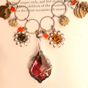 Close-up of Halloween owl crescent moon necklace detail with Volcano Swarovski crystals and a large baroque pendant, Victorian style vintage style jewelry
