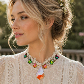 White fabric choker bridal necklace – magical fantasy statement wedding jewelry with world-renowned genuine Swarovski colorful crystals, handmade designer high-end Victorian style