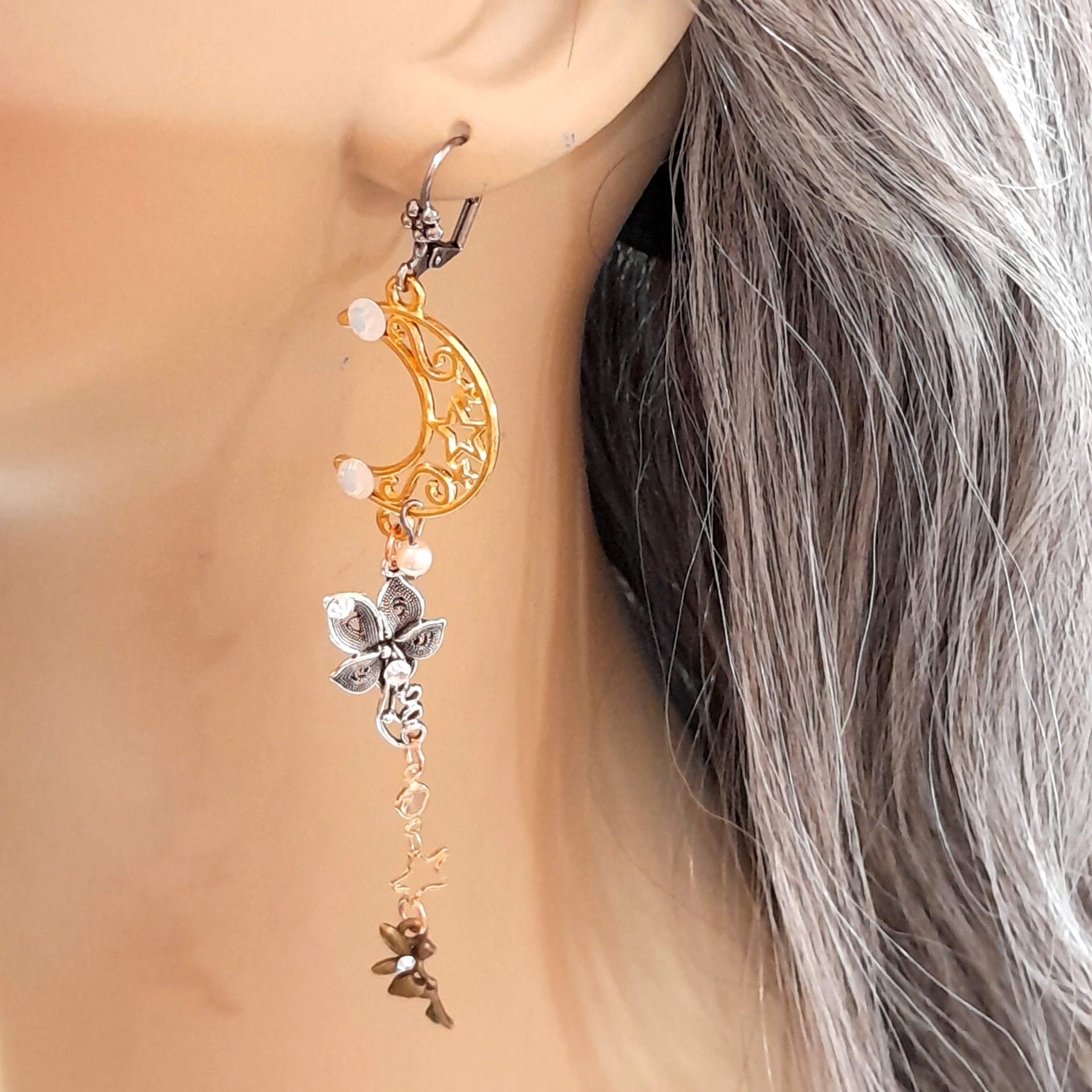 Extra long dangle earrings with white Swarovski crystals, moon flower, fairy celestial theme, bridal wedding jewelry. 