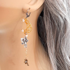 Extra long dangle earrings with white Swarovski crystals, moon flower, fairy celestial theme, bridal wedding jewelry. 