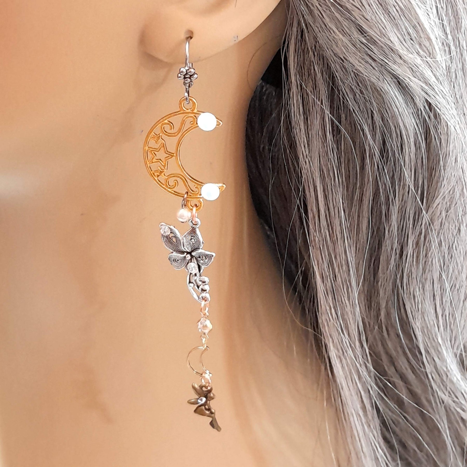 Extra long dangling wedding earrings white Swarovski crystals celestial themed fairy flower wedding jewelry elegant earrings 