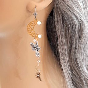 Extra long dangling wedding earrings white Swarovski crystals celestial themed fairy flower wedding jewelry elegant earrings 