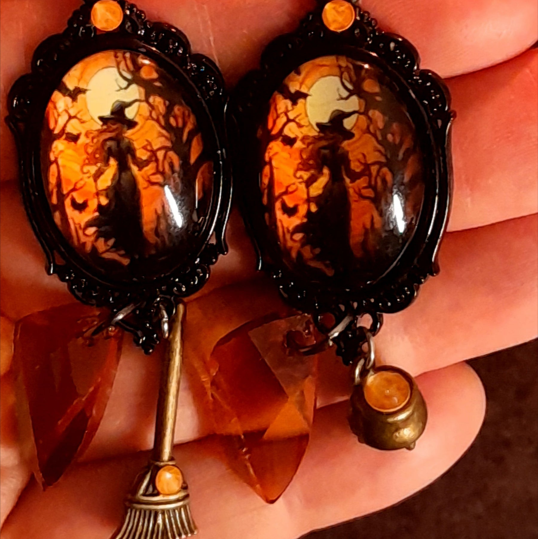 Handmade witchy Halloween earrings with cauldron and broom charms, smoky crystal sparkle, moonlit magic, hidden fairies, and autumn-inspired details, Victorian style and vintage style magical fantasy jewelry by Rachel Flam Design