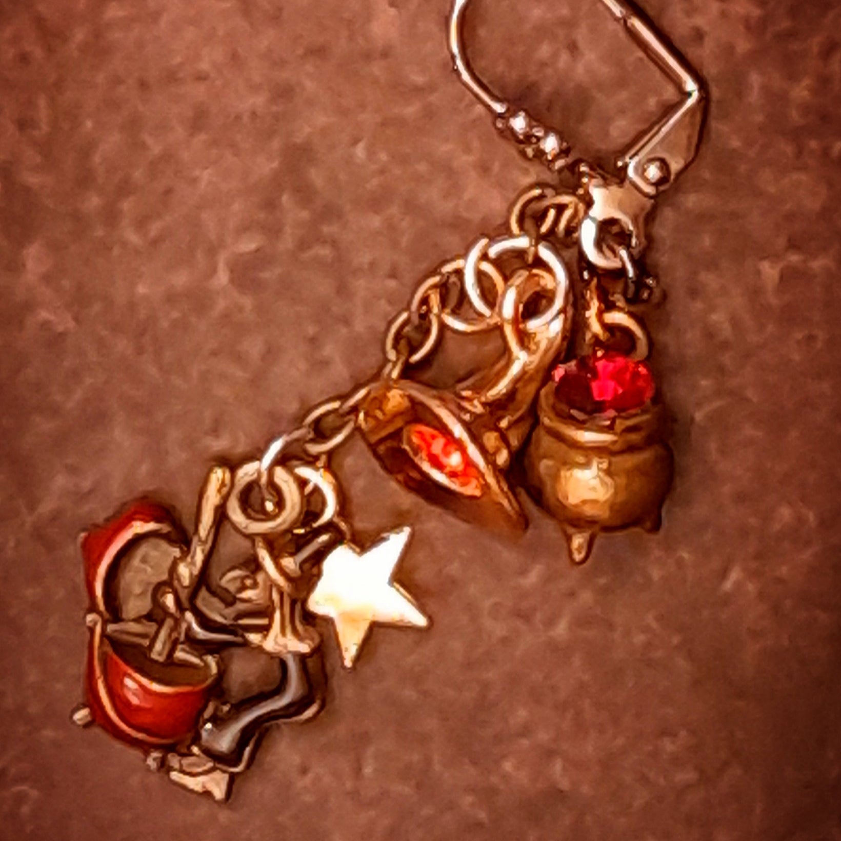 Elaborate witchy dangle earrings with Fire Opal crystals, red Swarovski accents, witches, cauldrons, broomsticks, stars, and dangling hats, Victorian style and vintage style magical fantasy jewelry by Rachel Flam Design
