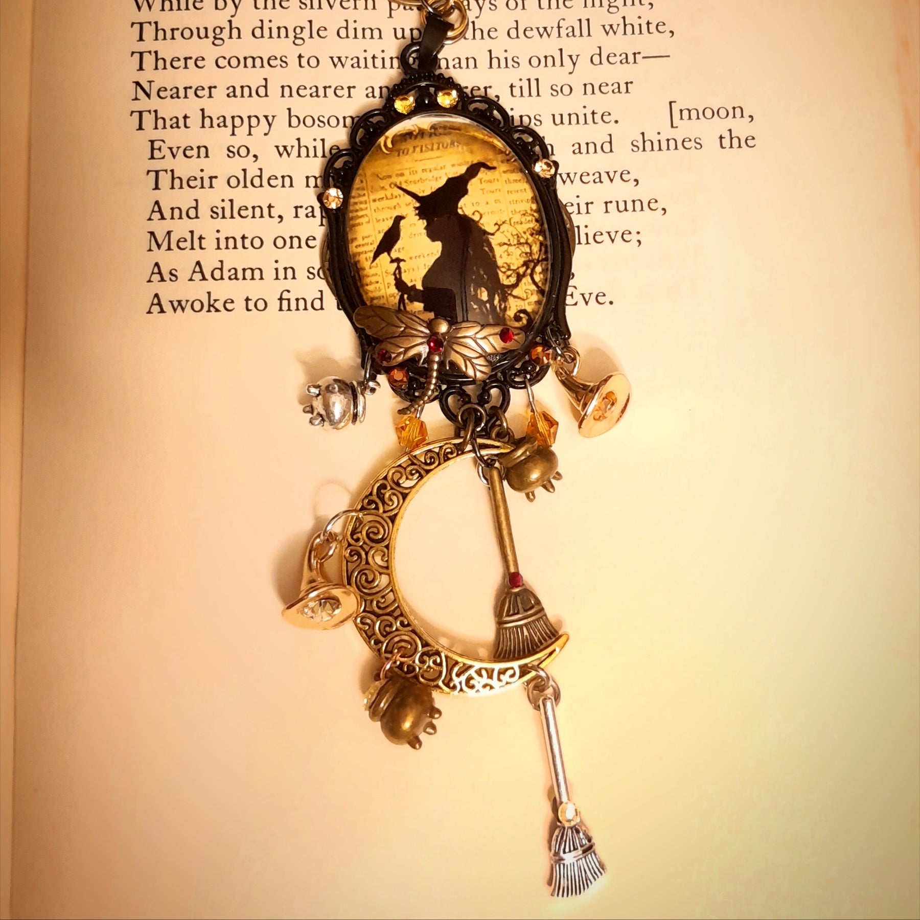 Witch and raven crescent moon necklace with layered broomstick and potion charms, sparkling Swarovski crystals, Victorian style and vintage style handmade magical fantasy jewelry by Rachel Flam Design