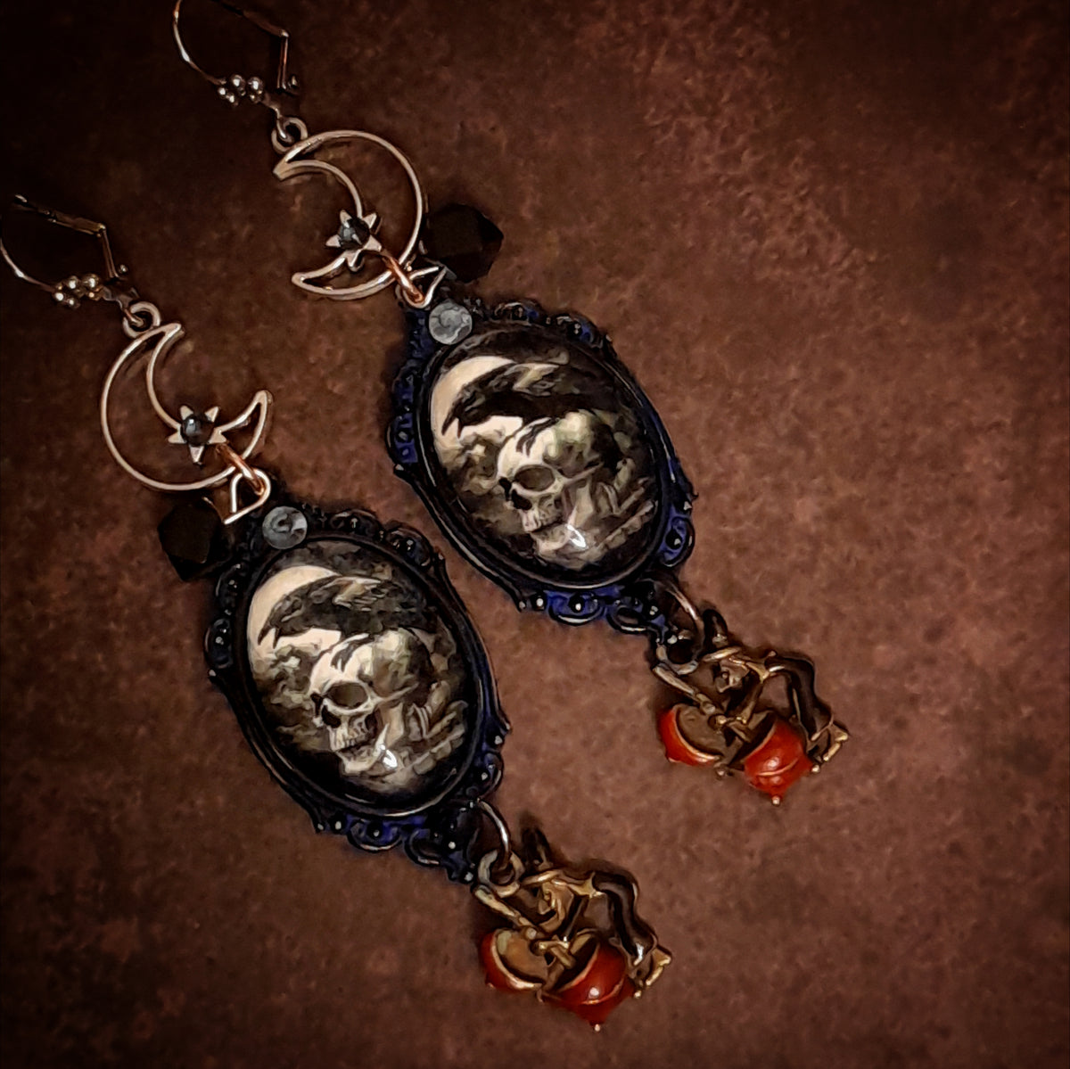 Witchy black crow and skull Halloween earrings with crescent moons, stars, witches, and Swarovski crystals, magical fantasy Victorian style and vintage style jewelry by Rachel Flam Design