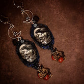 Witchy black crow and skull Halloween earrings with crescent moons, stars, witches, and Swarovski crystals, magical fantasy Victorian style and vintage style jewelry by Rachel Flam Design