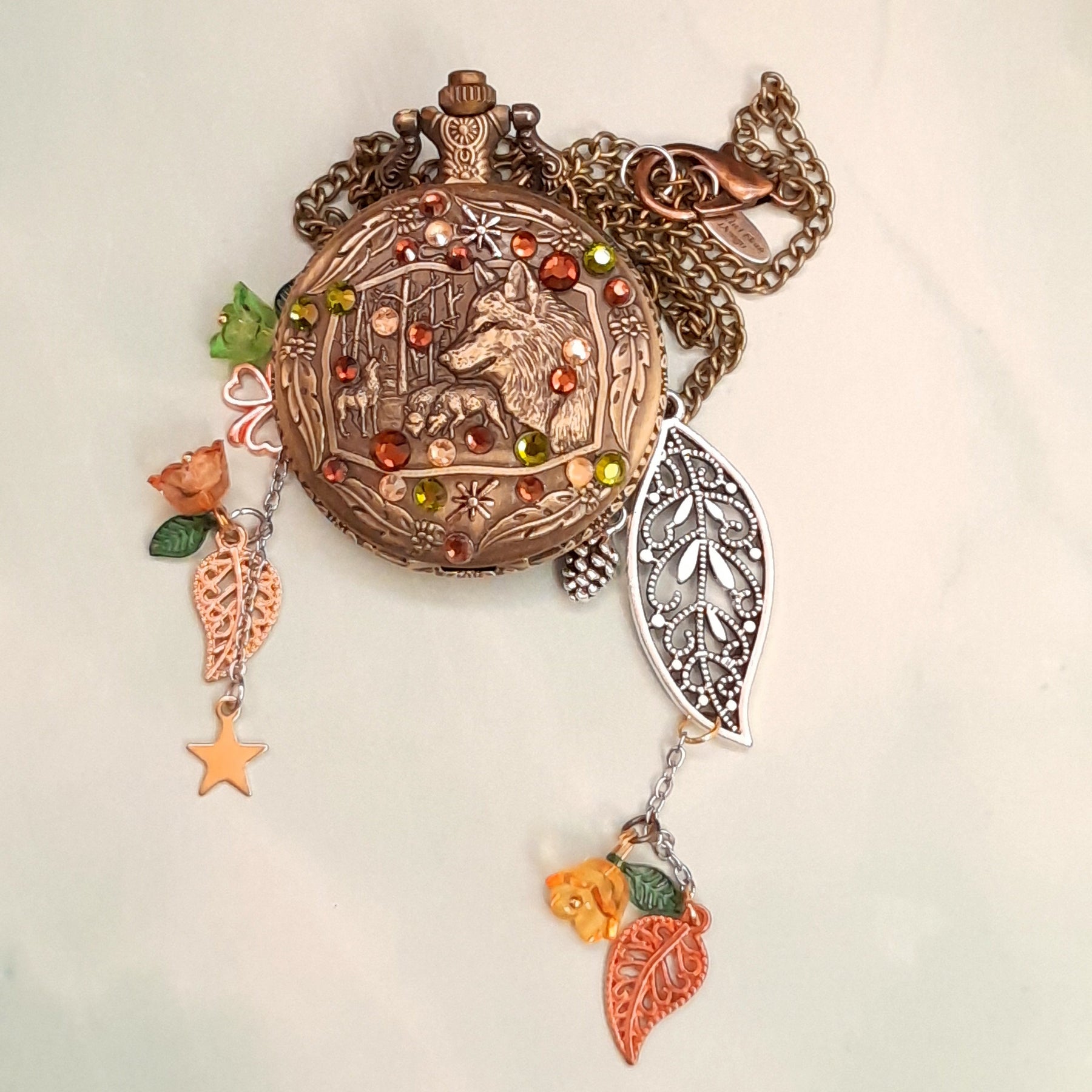 Rachel Flam Design Wolf Pocket Watch Working pocket watch Swarovski Brown and green crystals Leaves and flowers Star four leaf clover Handmade necklace jewelry Victorian style vintage style antique style 