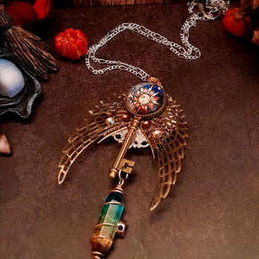 boho hippie sun and moon cabochon necklace glass icicle in pink yellow and green. angel wings swarovski crystals