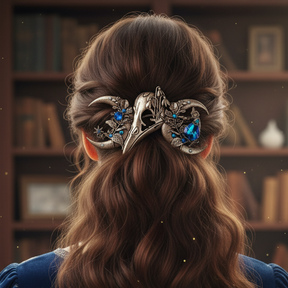 Back view of woman with thick hair in ponytail wearing hair clip raven skull