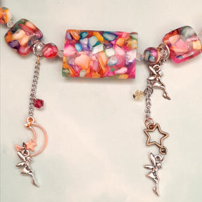 One-of-a-kind magical fantasy rainbow beaded necklace with Swarovski crystal spacers and fairy charms, handmade Victorian style vintage style jewelry