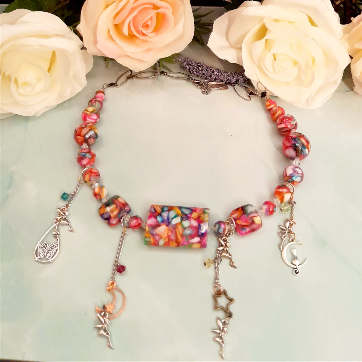 Handmade magical fantasy rainbow confetti beaded necklace with fairy charms and Swarovski crystals, Victorian style vintage style bohemian jewelry

