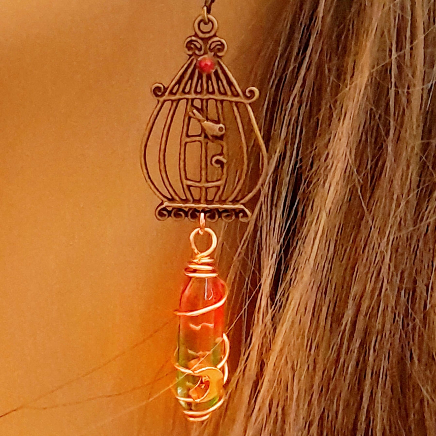 bird cage earrings with bird and multi color dangling crystal