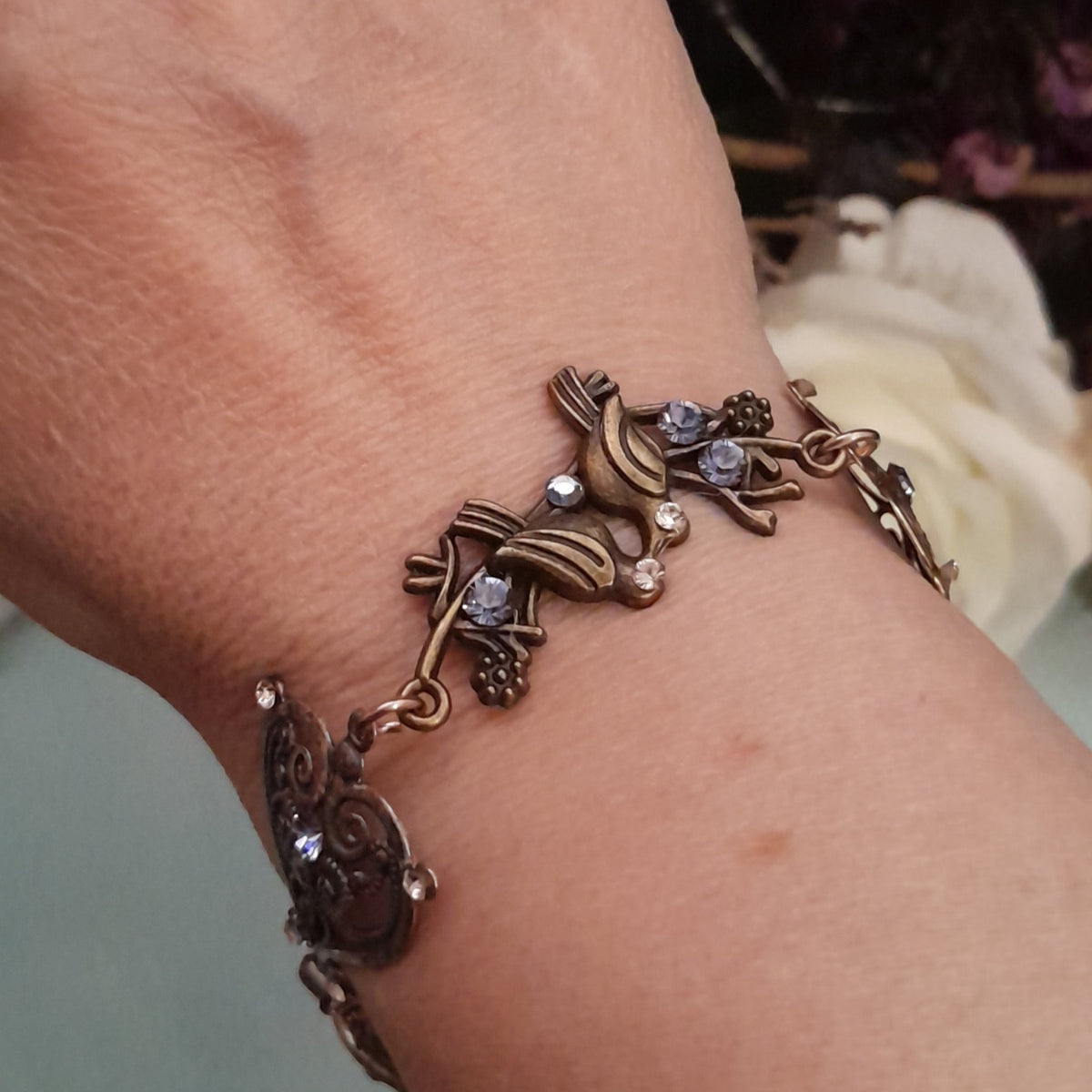 One of a kind Victorian style vintage style bird and purple Swarovski crystal bracelet handmade in Long Island NY