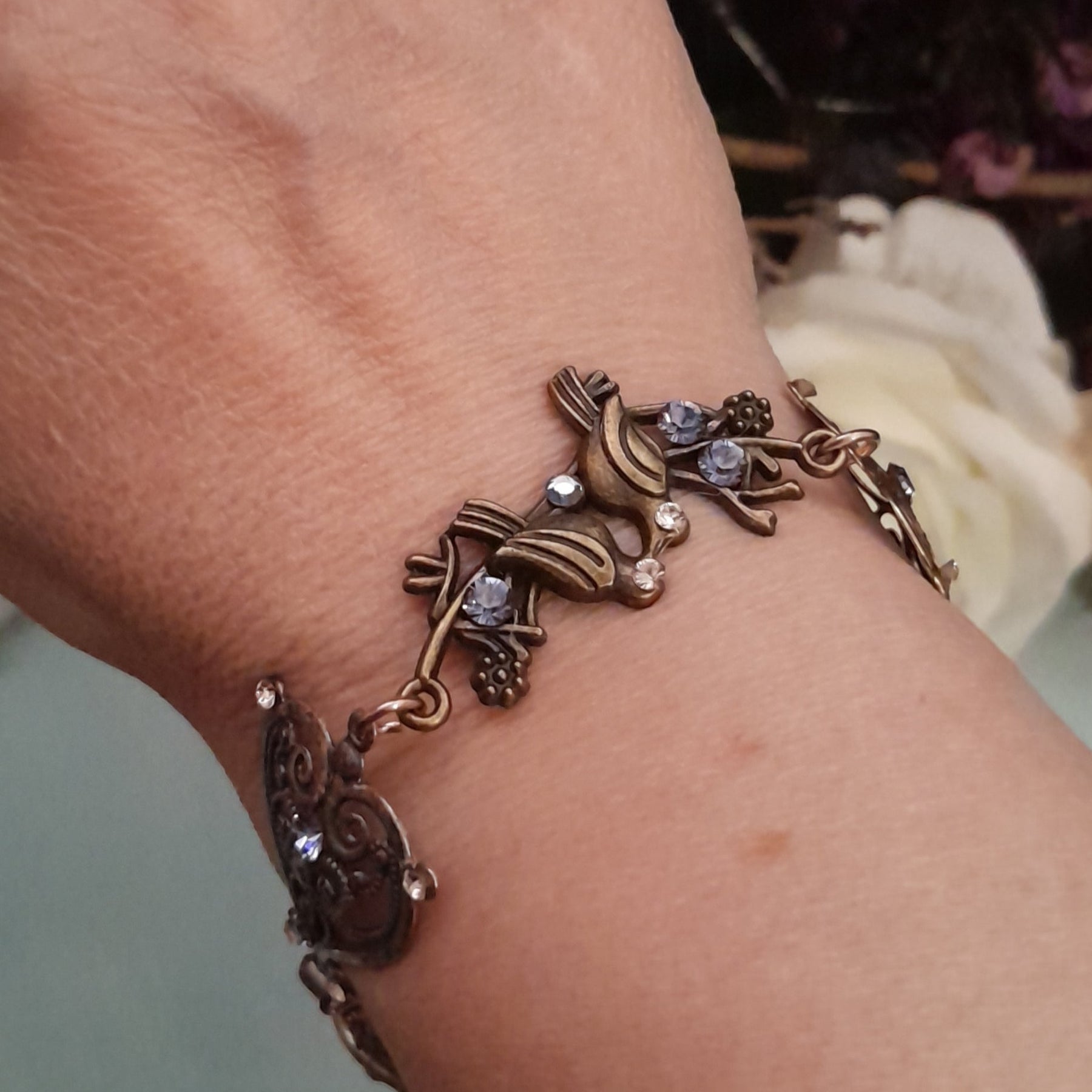 One of a kind Victorian style vintage style bird and purple Swarovski crystal bracelet handmade in Long Island NY
