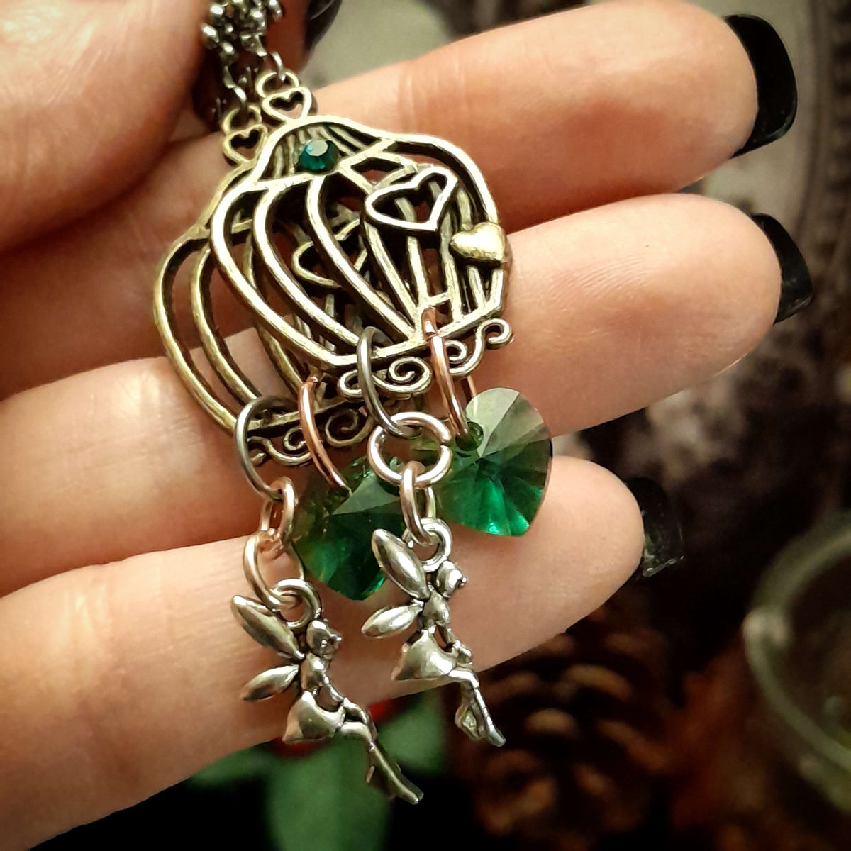 Green Crystal Heart Earrings |Birdcage Fairy