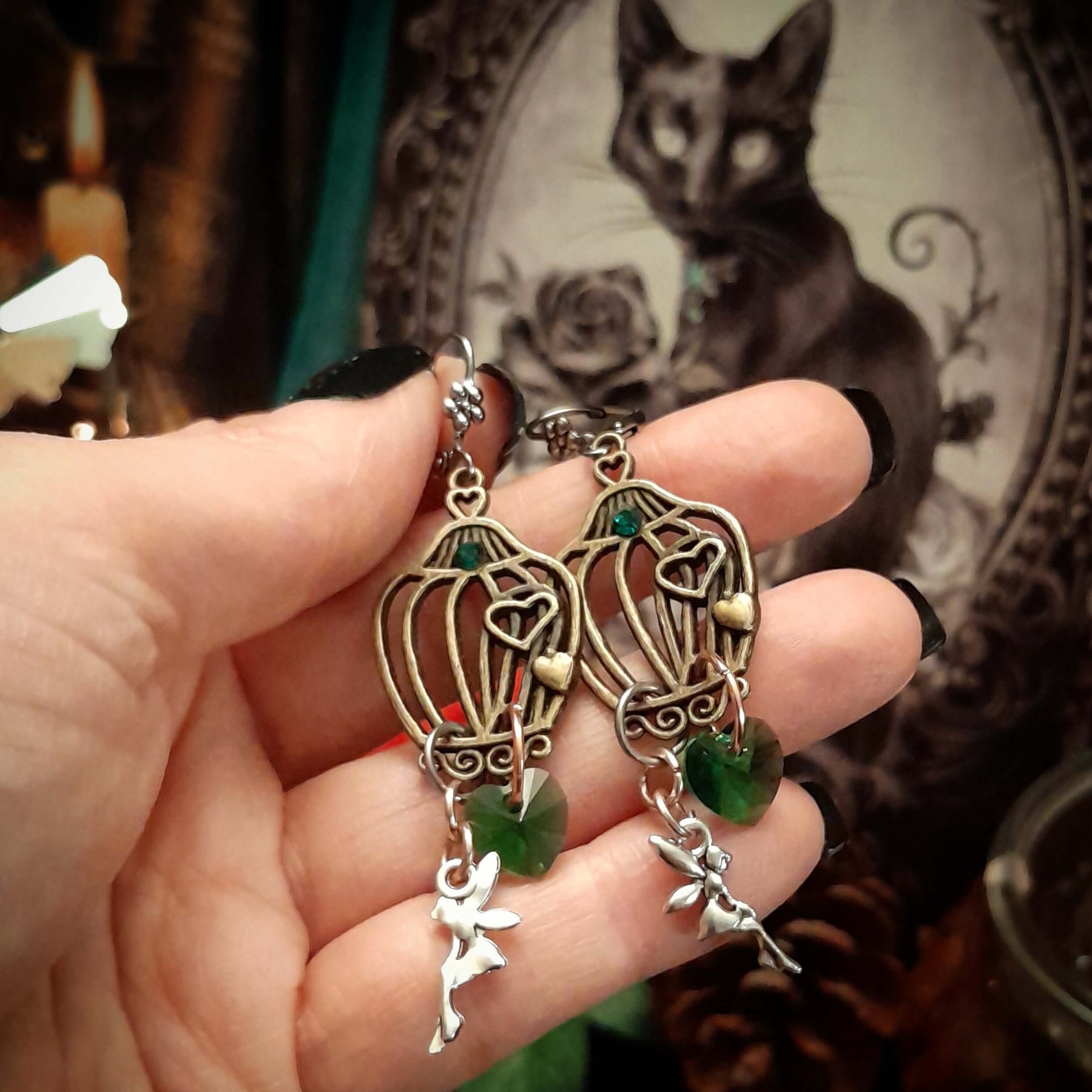 Green Crystal Heart Earrings |Birdcage Fairy