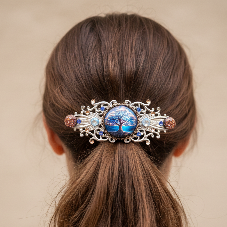 Blue Cameo Hair Clip in Ponytail