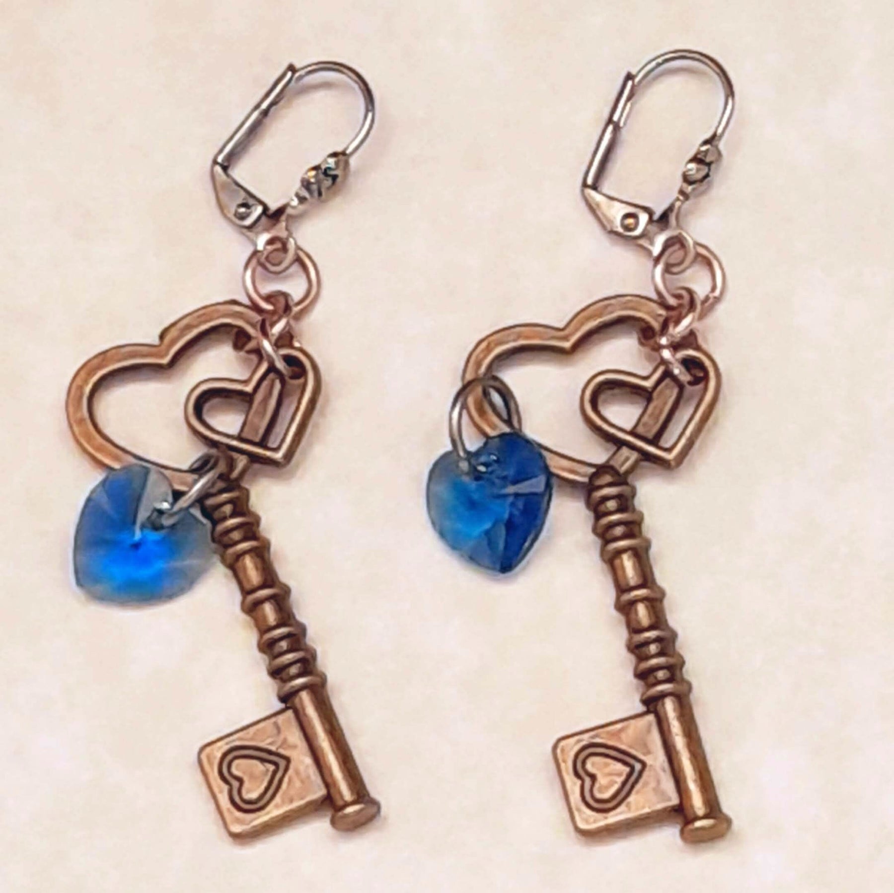 Key Earrings |Blue Crystal Hearts