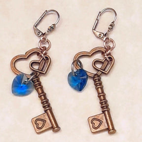 Key Earrings |Blue Crystal Hearts
