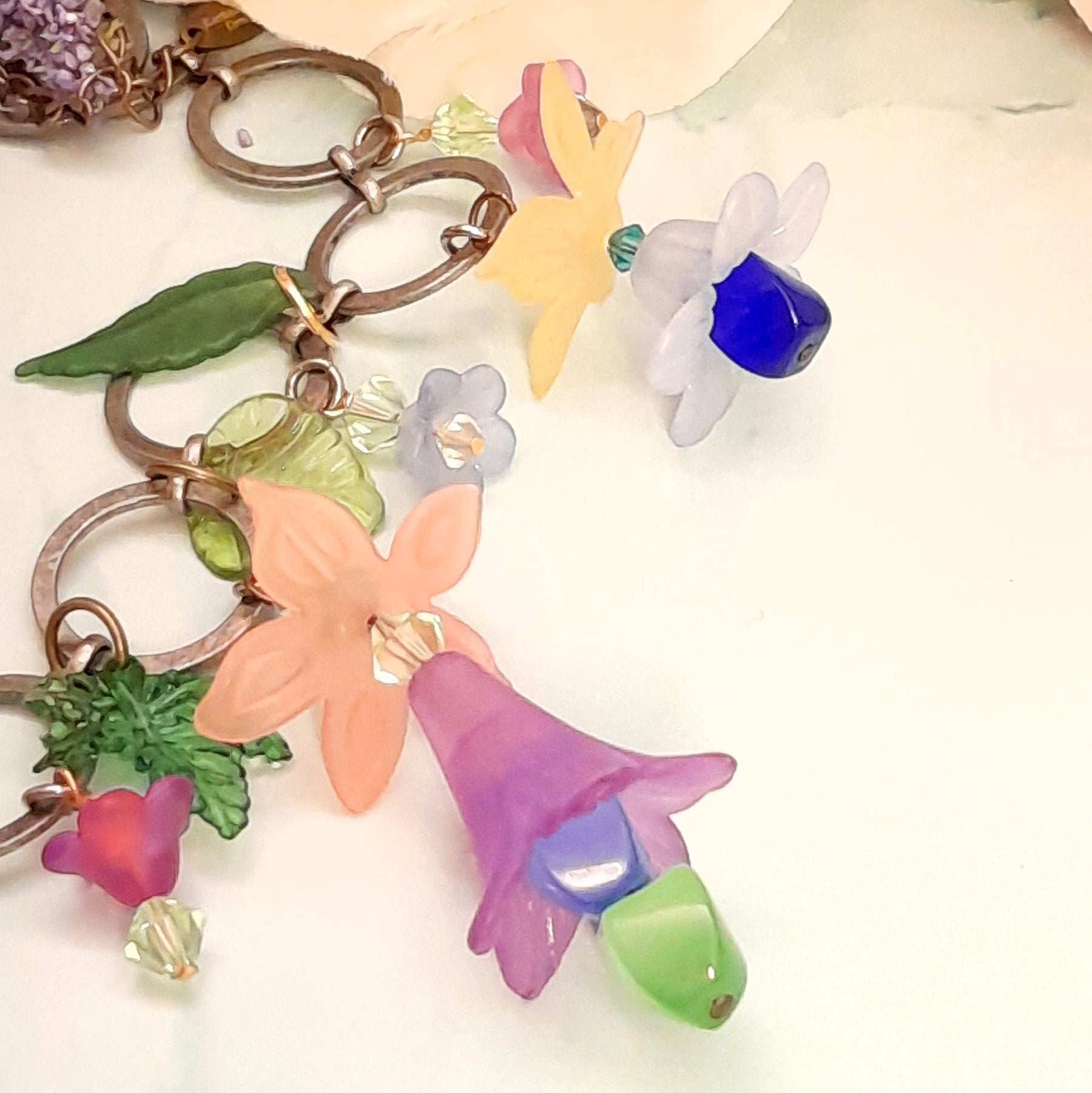 Bohemian handmade fantasy necklace with colorful flowers and genuine Swarovski crystals, Victorian style vintage style antique silver