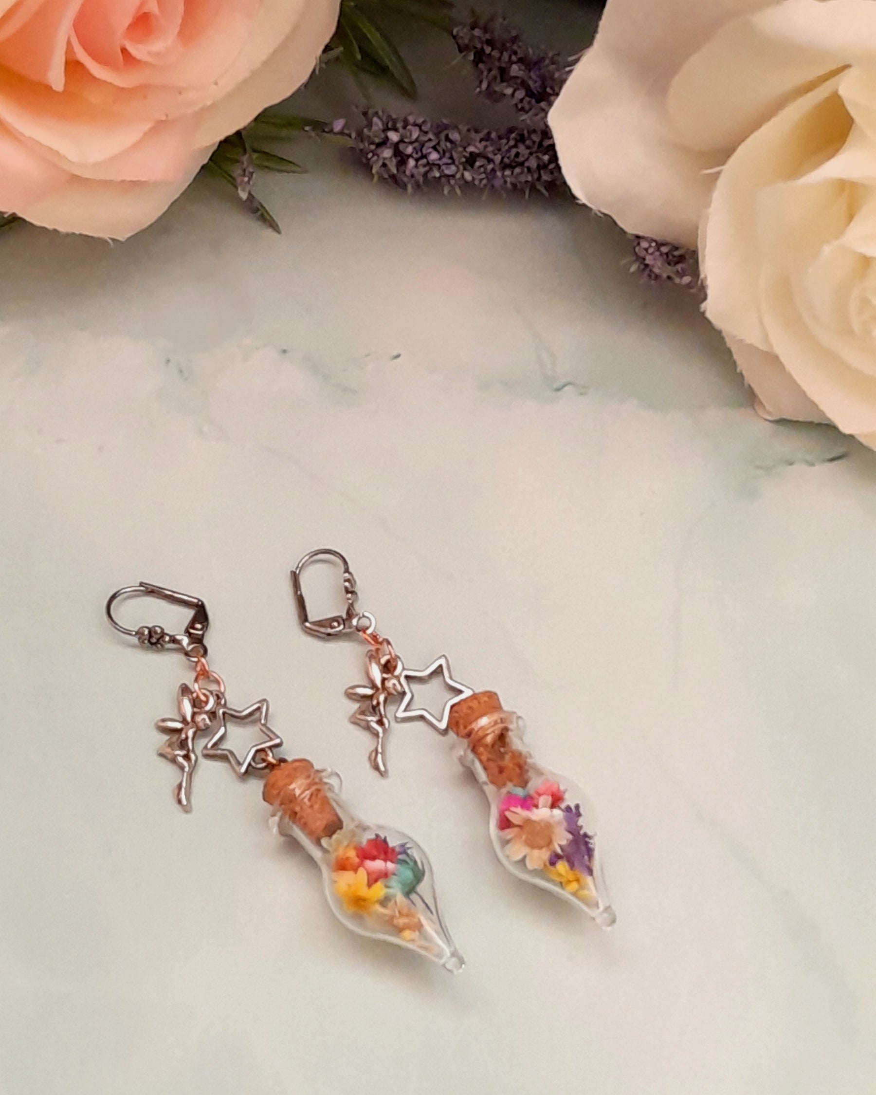 Handmade Victorian style vintage style bottle flower fairy dangle earrings with Swarovski crystals