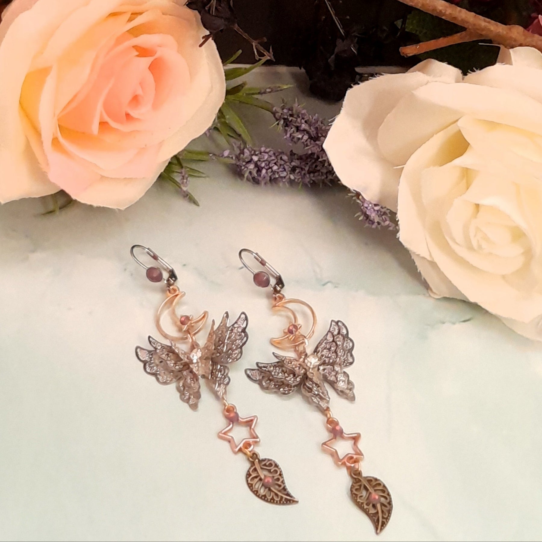 Butterfly celestial dangle earrings magical Victorian style vintage style handmade with Swarovski crystals